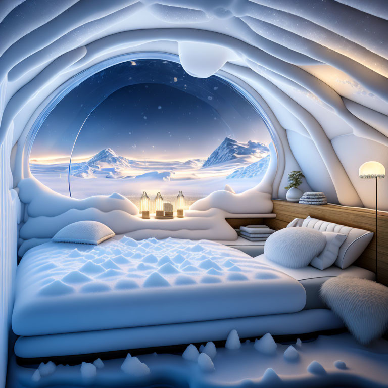 Snow-themed cozy bedroom with panoramic snowy view and warm lighting