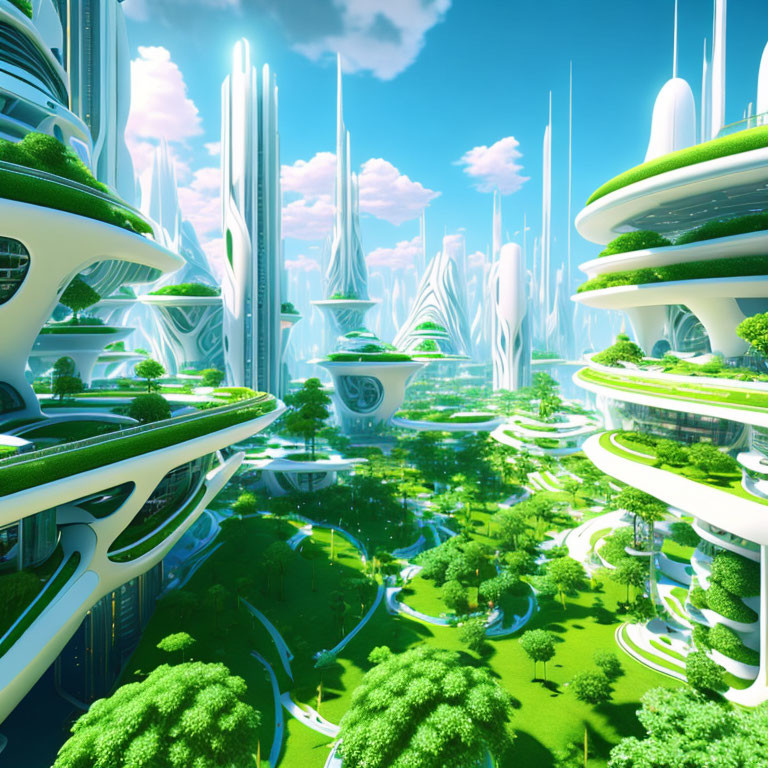 Futuristic cityscape with greenery, high-rise buildings, and elevated walkways