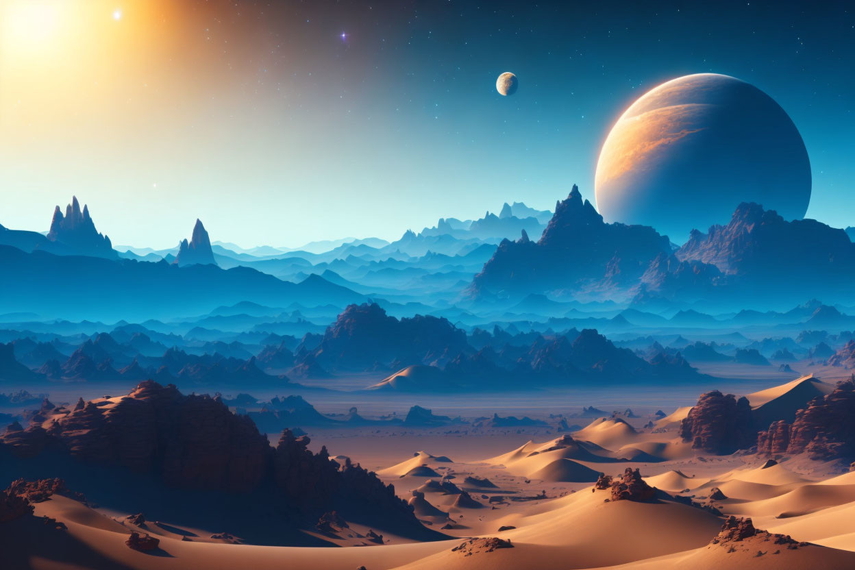 Desert landscape at twilight with sand dunes, mountains, and planet in sky