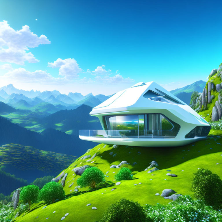 Modern house with large windows on green hillside, valley view, distant mountains, clear sky