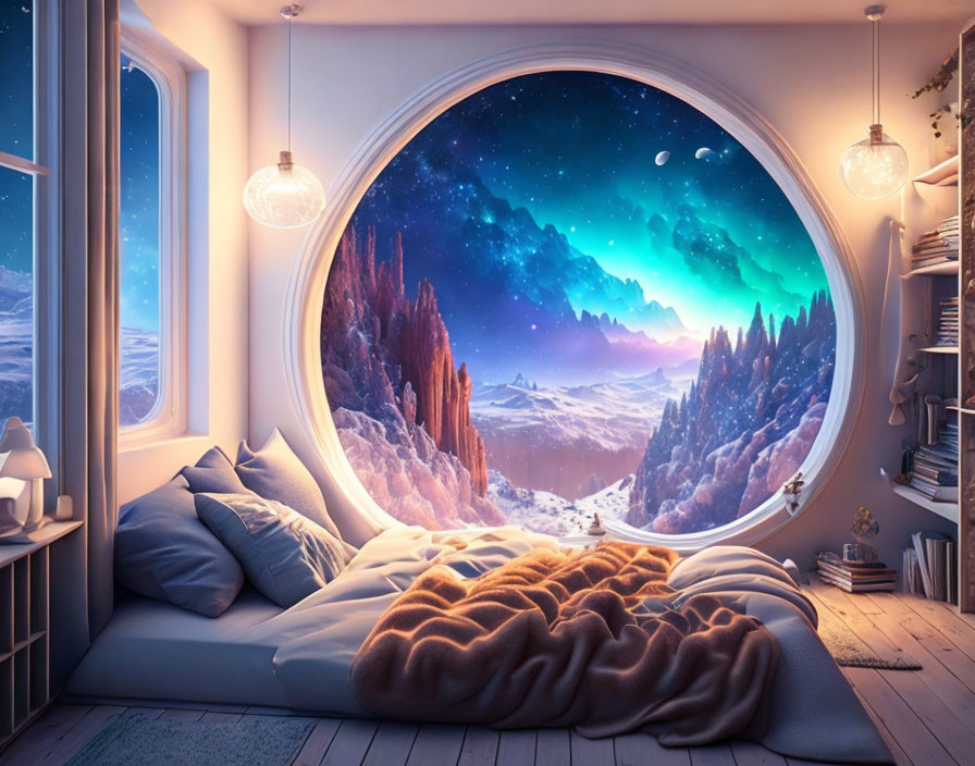 Cozy bedroom with large round window displaying fantastical landscape