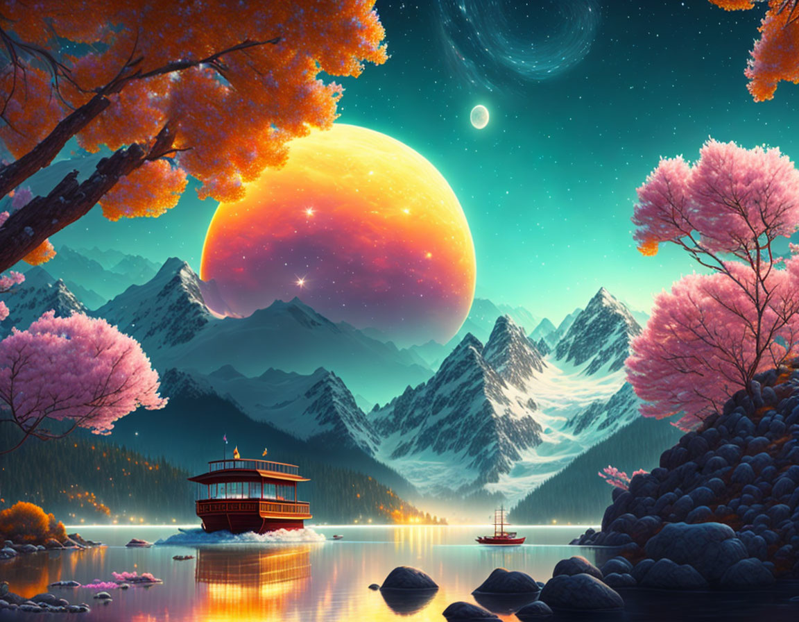 Tranquil landscape with red planet, pink trees, and starry sky