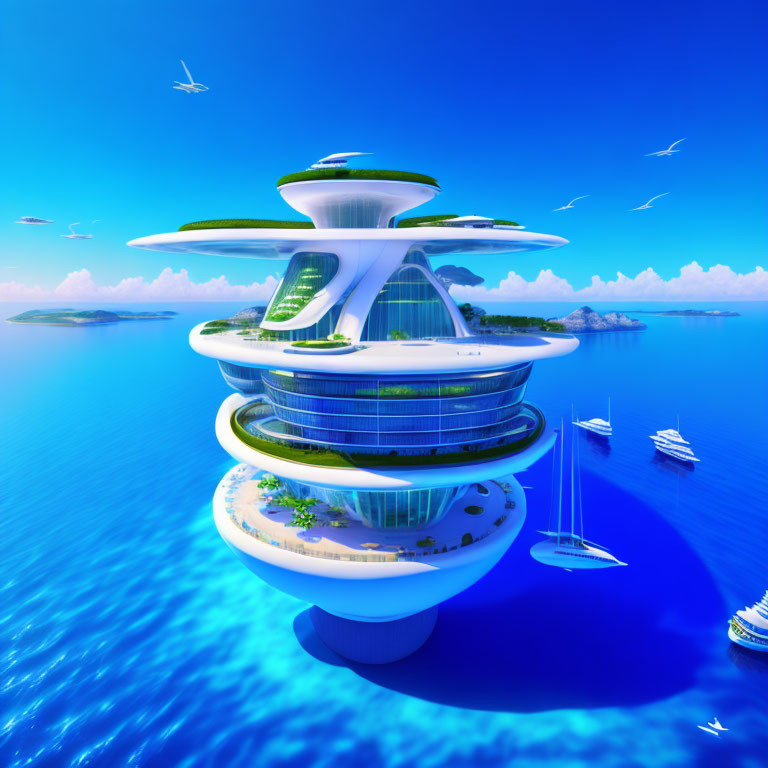 Modern ocean building with ring-like levels in clear blue waters