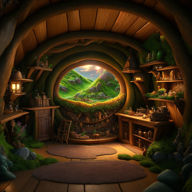 Circular Hobbit-Style Interior with Round Window & Nature View