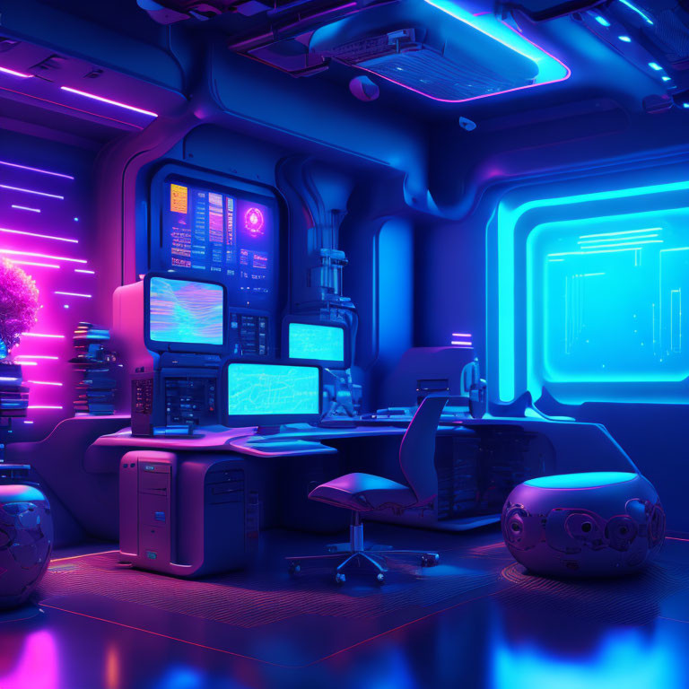 Futuristic sci-fi room with neon lighting and holographic displays