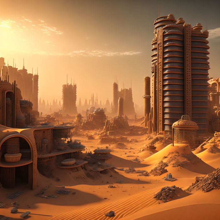 Futuristic desert cityscape with towering cylindrical structures at sunset