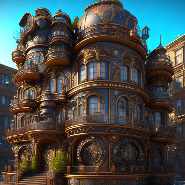 Steampunk-inspired architecture with metallic domes and circular windows