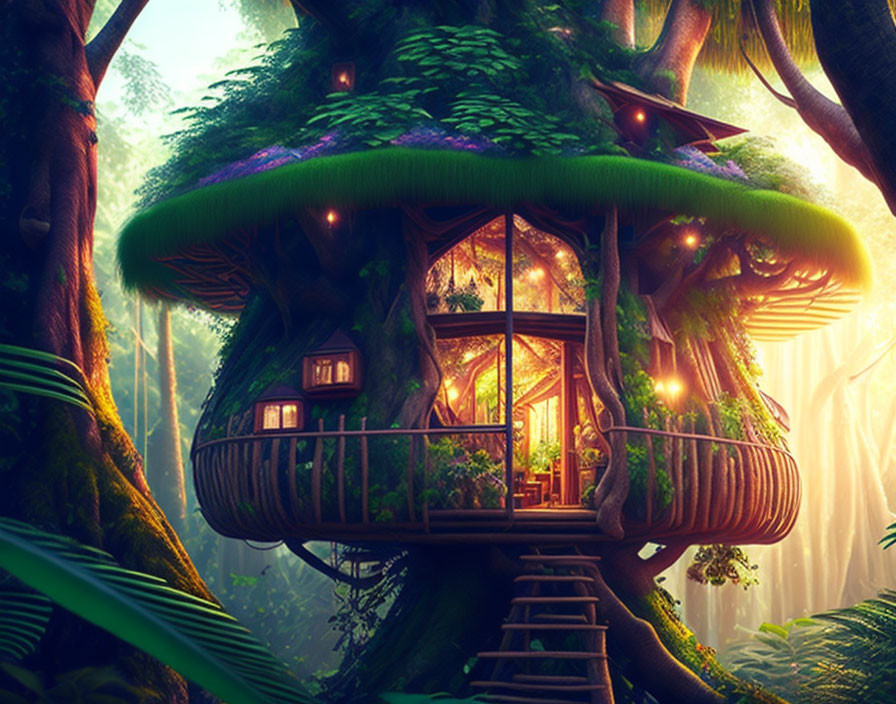 Whimsical mushroom-shaped treehouse in lush forest