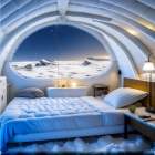 Snow-themed cozy bedroom with panoramic snowy view and warm lighting