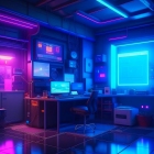 Futuristic sci-fi room with neon lighting and holographic displays