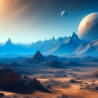 Desert landscape at twilight with sand dunes, mountains, and planet in sky