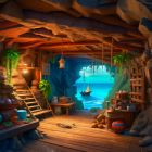 Warmly lit cave overlooking serene bay with sailboat, books, plants, and blue sea