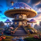 Mushroom-shaped house in enchanting forest at twilight