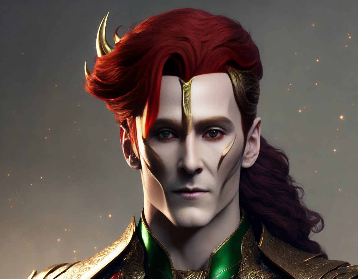 Character with Red Hair and Gold Horns in Green Armor on Dark Background