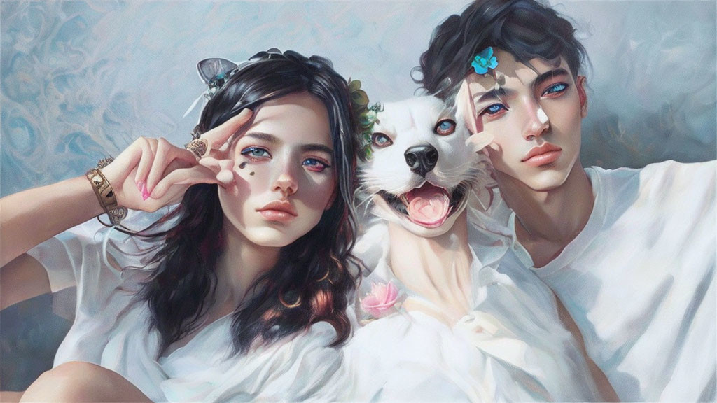 Digital painting of two people and a happy dog with a flower, in white tees