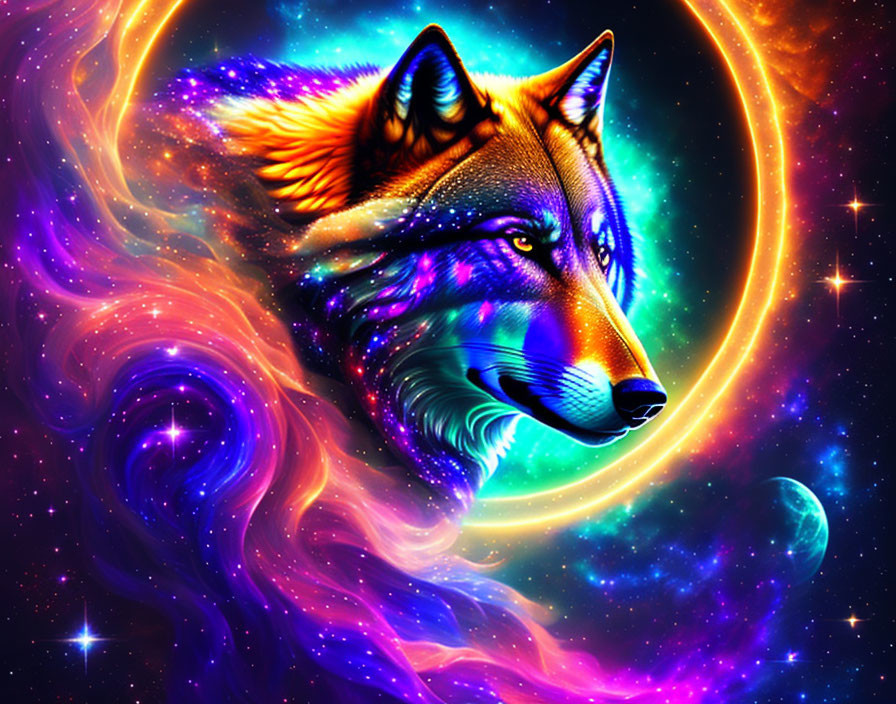 Colorful Cosmic Wolf Surrounded by Luminous Ring