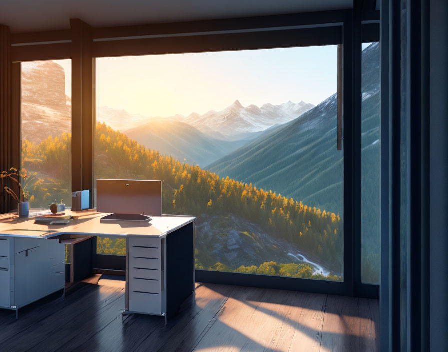 Office desk and computer by large windows with sunrise view over forested mountains