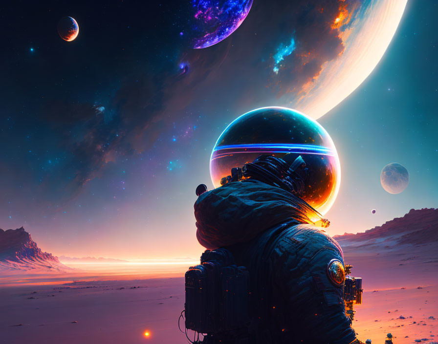 Astronaut in surreal cosmic landscape with vibrant planets