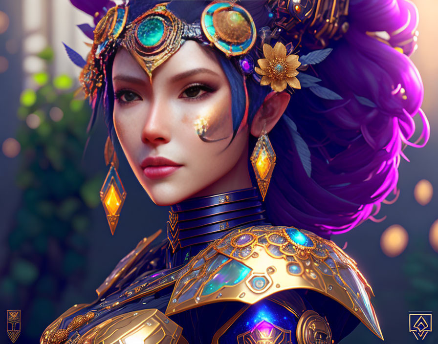 Digital artwork featuring woman in golden headdress and armor against leafy backdrop