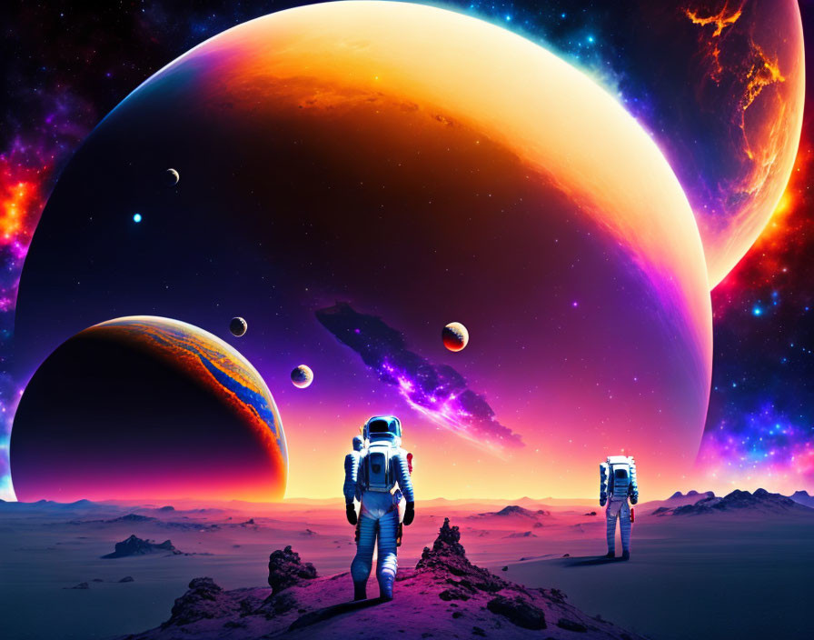 Barren alien landscape with colorful skies and massive planets.