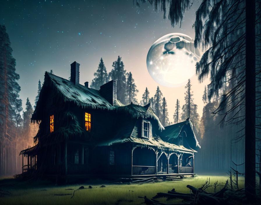 Rustic cabin in dense woods under full moon