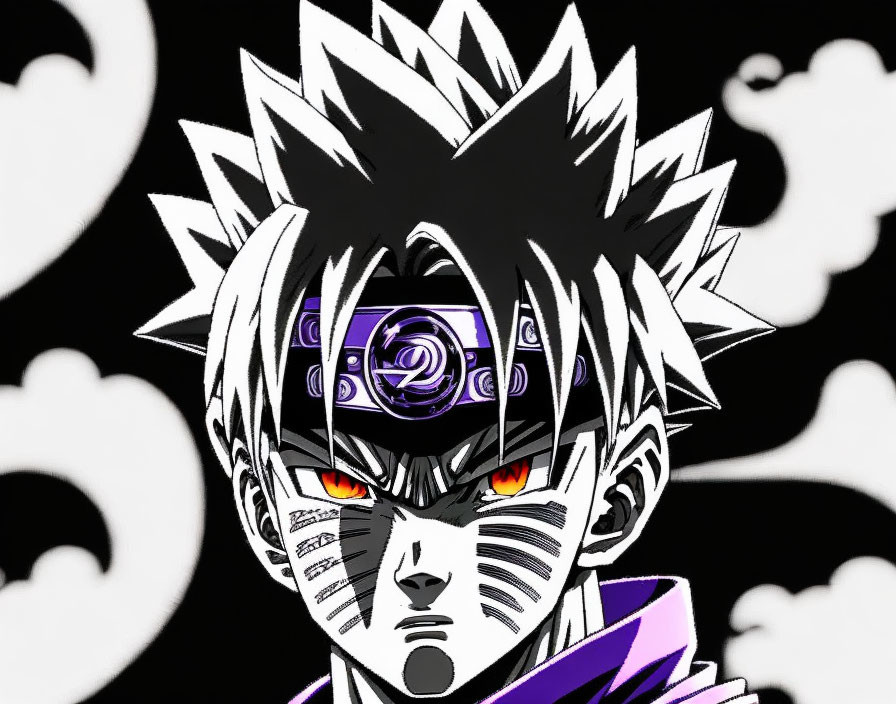 Anime character with spiky hair, headband, red eyes, and bold black & white contrast