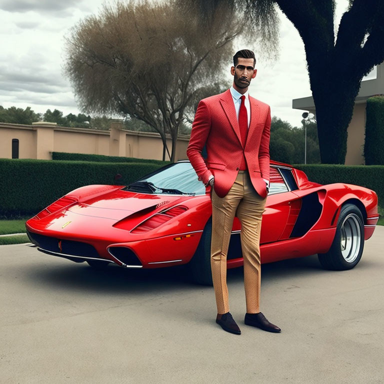 Fashionable man in red blazer next to classic red sports car and green hedges