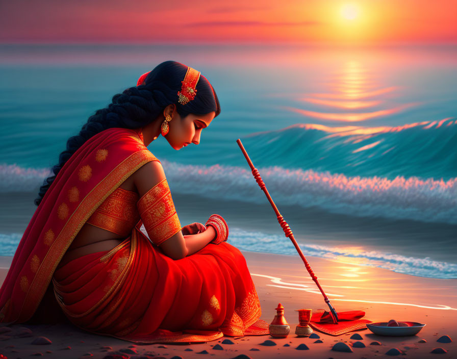 Woman in Red Saree Performing Beach Sunset Ritual