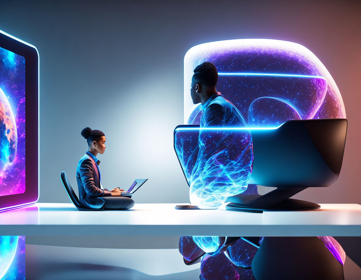 Futuristic digital scene with two individuals and computers