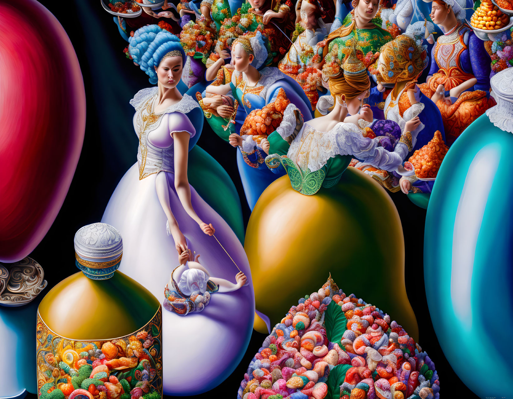 Colorful surrealist artwork: women in ornate dresses, fruit, jars, abstract forms