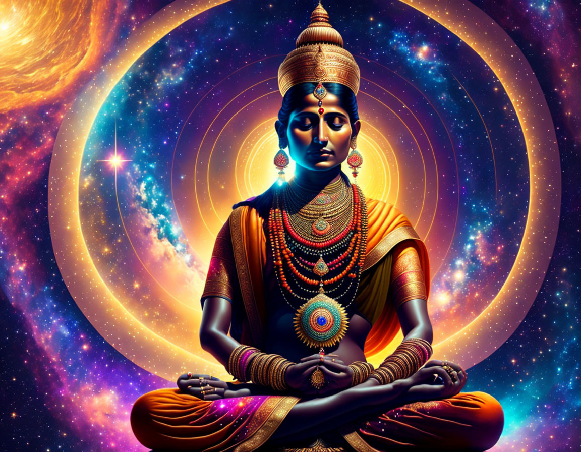 Colorful Digital Art: Meditating Figure with Multiple Arms in Traditional Attire on Cosmic Backdrop