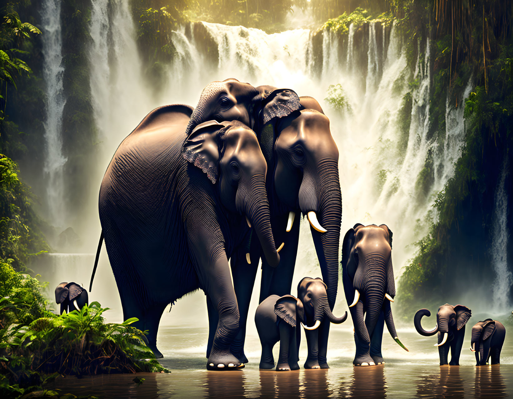 Family of Elephants at Lush Waterfall in Jungle