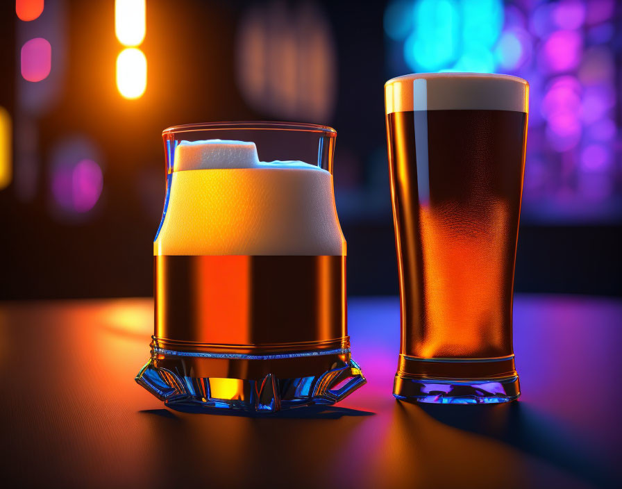 Two glasses of beer on bar top with bokeh lights