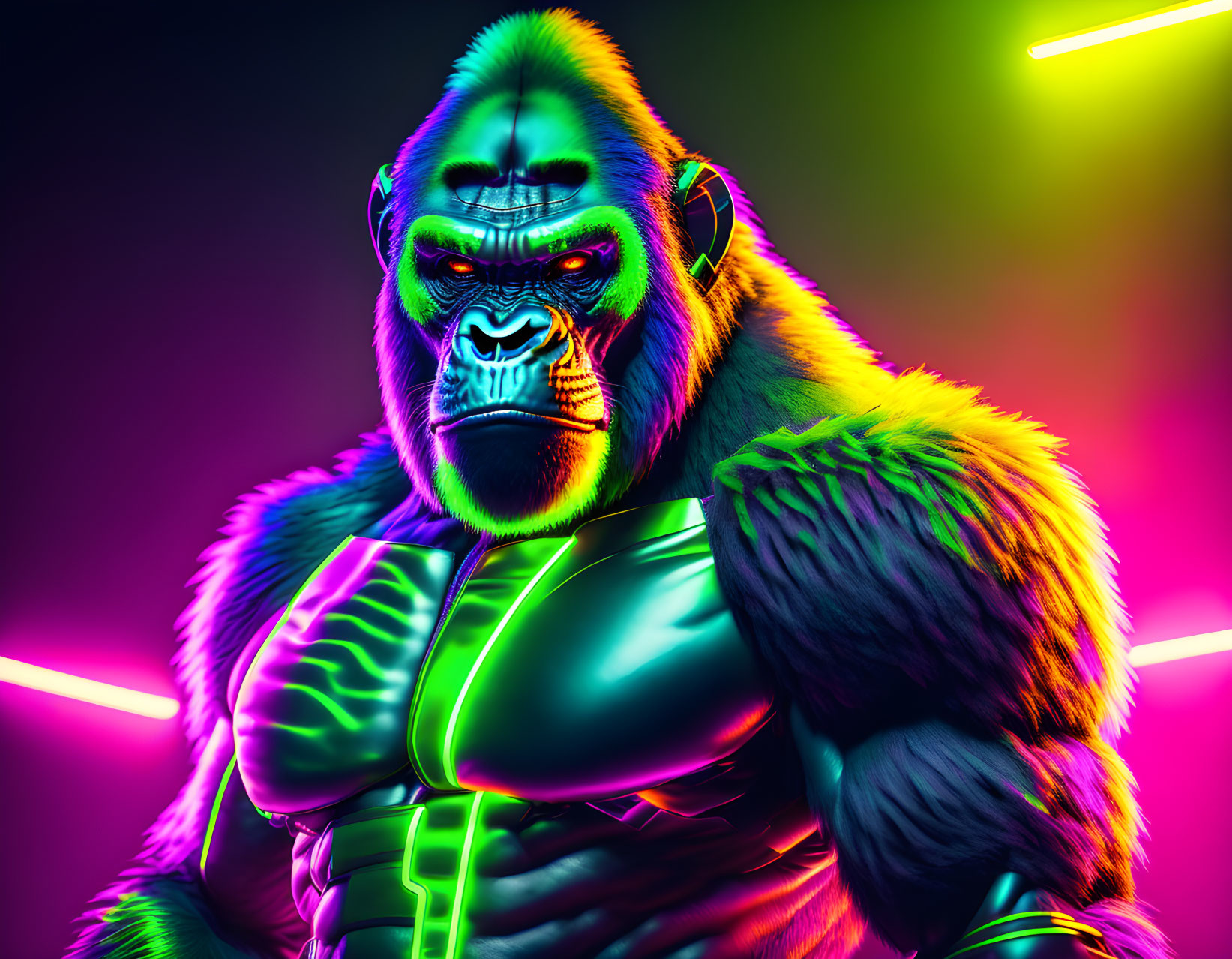 Vibrant digitally created image: Muscular gorilla with neon green outlines under purple and pink lighting