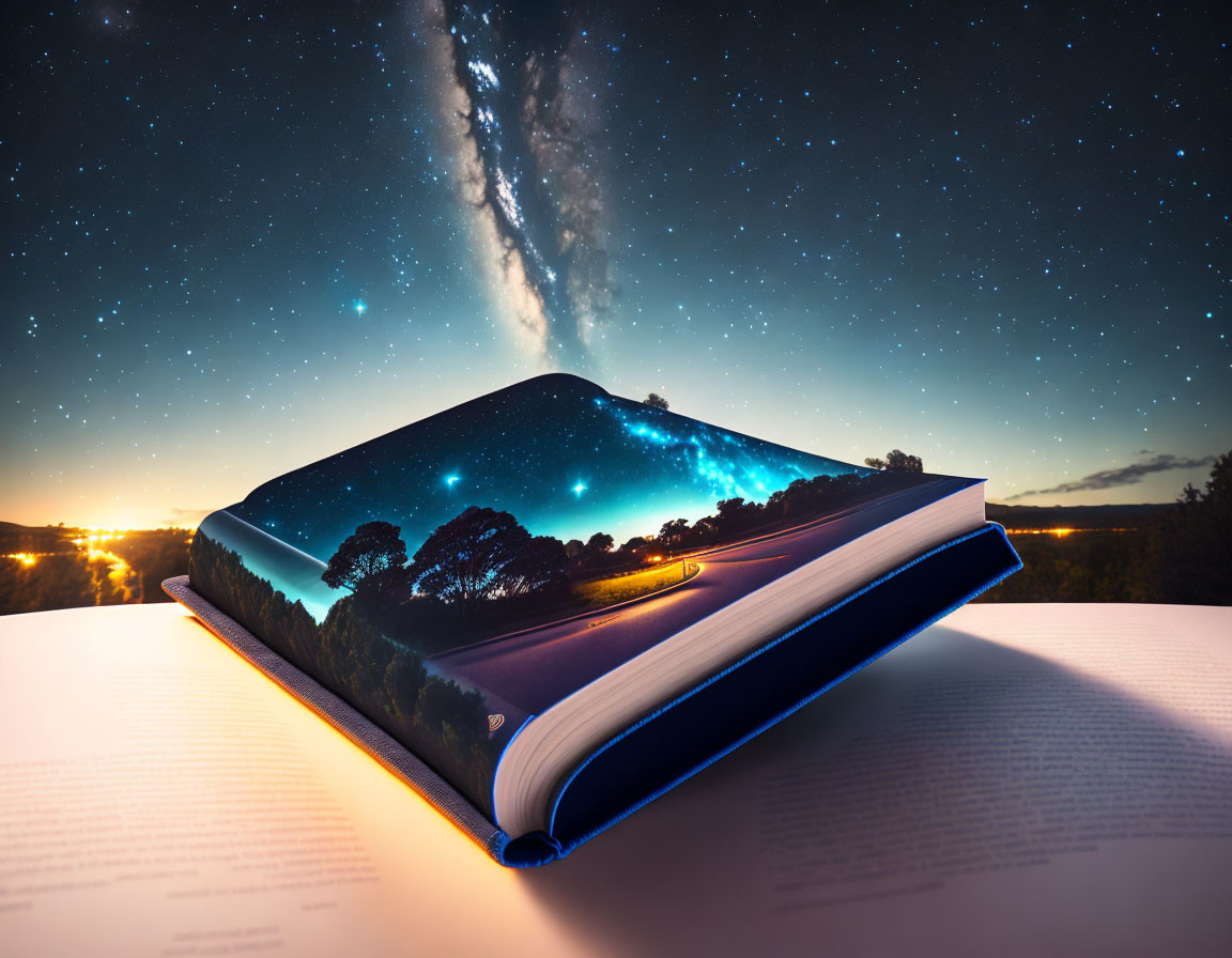 Book with Landscape Pages Extending to Starry Night Sky