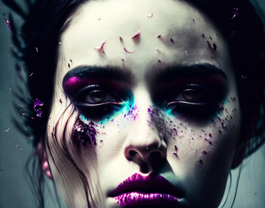 Person with Dramatic Purple Eye Makeup and Sparkles in Moody Lighting