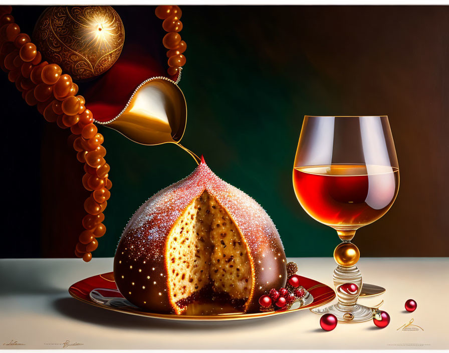 Colorful Still Life with Sliced Dessert, Berries, Glass of Amber Liquid