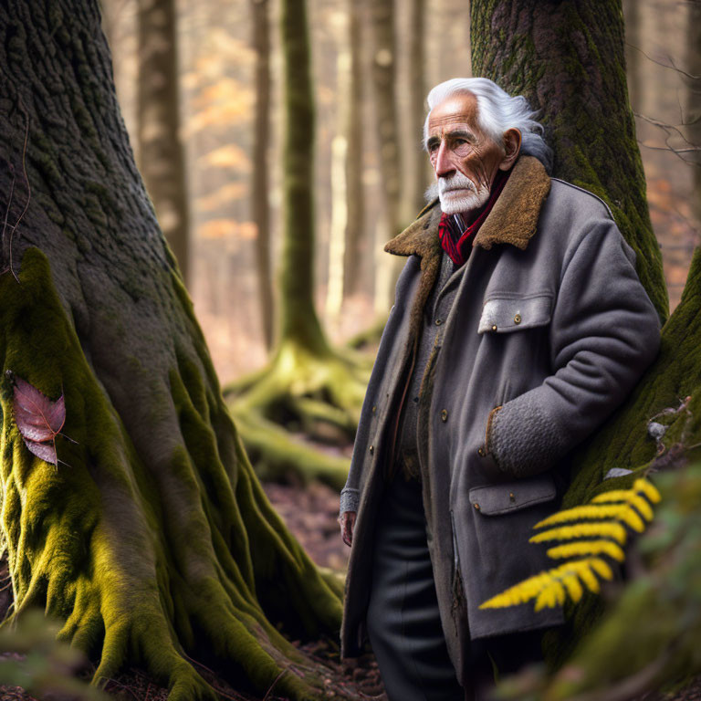 Elderly man with white beard in mossy forest leaning on tree wearing coat and scarf