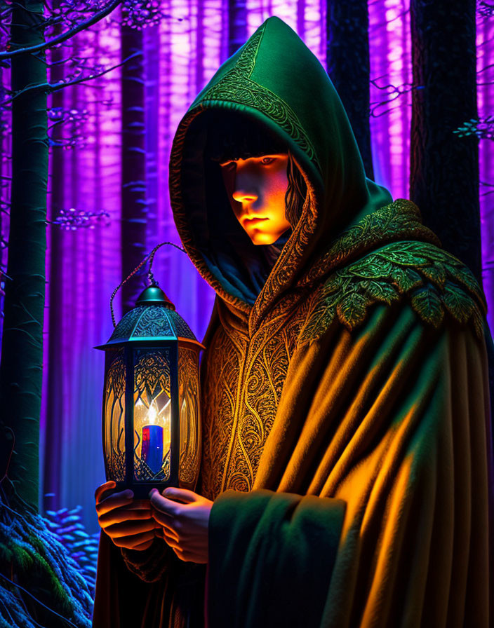 Hooded figure with lantern in purple forest