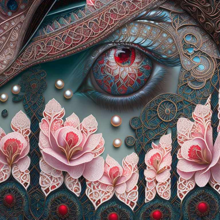 Digital artwork: Red-eyed figure in metallic patterns with pink blossoms.