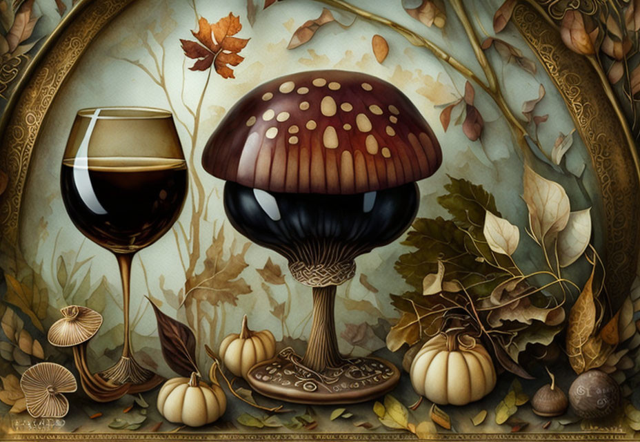 Stylized mushroom with autumn elements in vintage style