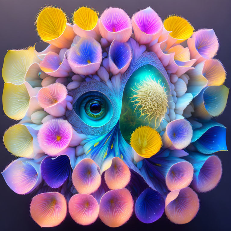 Colorful digital artwork: Central eye with floral elements in blues, purples, yellows,