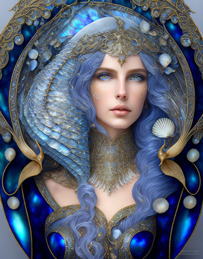 Fantasy portrait of woman with blue hair and eyes, adorned with golden marine jewelry on cosmic blue backdrop