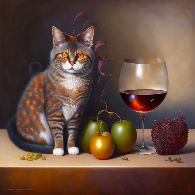 Tabby Cat with Striking Eyes Beside Glass of Red Wine and Fruits