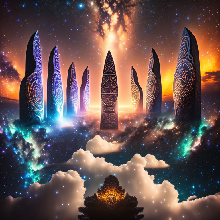 Glowing symbols on mystical floating monoliths in cosmic sky