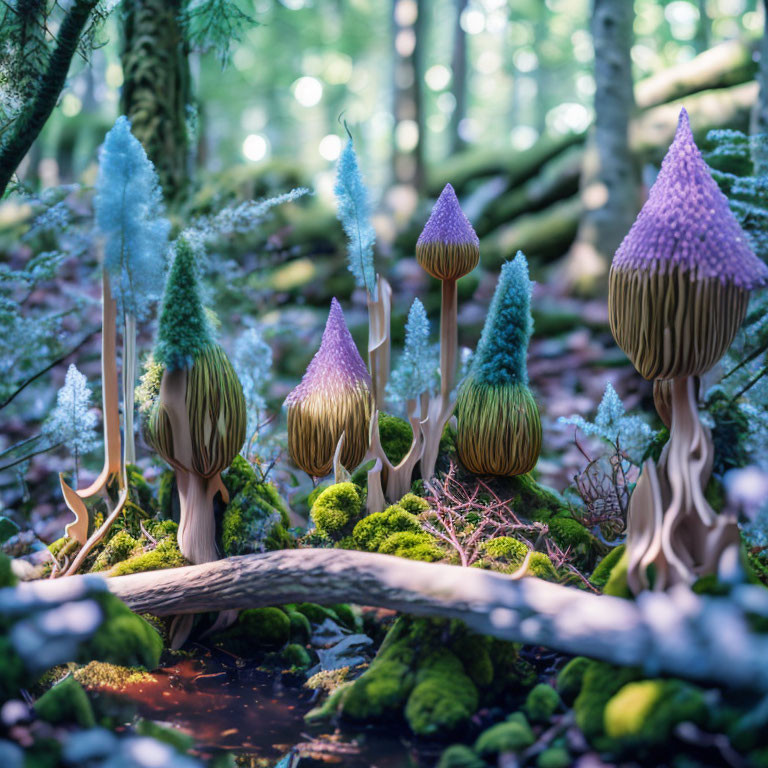 Enchanting forest scene with mushroom-like trees and magical ambiance