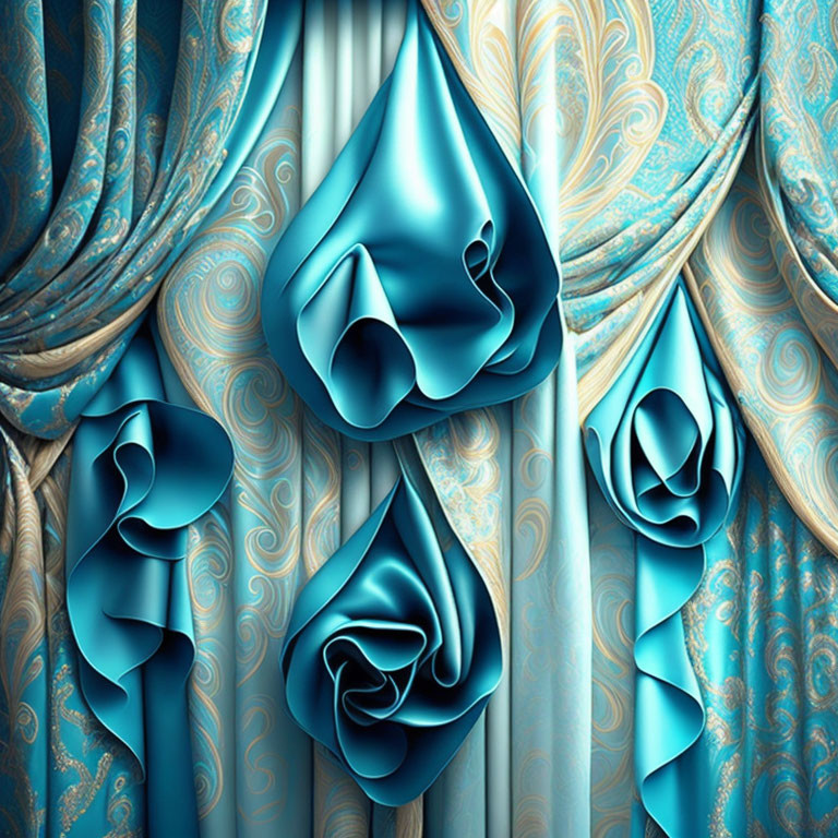 Luxurious Blue Satin Curtains with Golden Floral Patterns