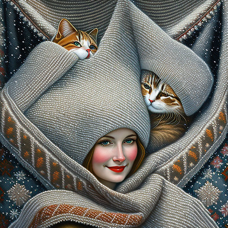 Woman smiling with two cats in textured gray blanket