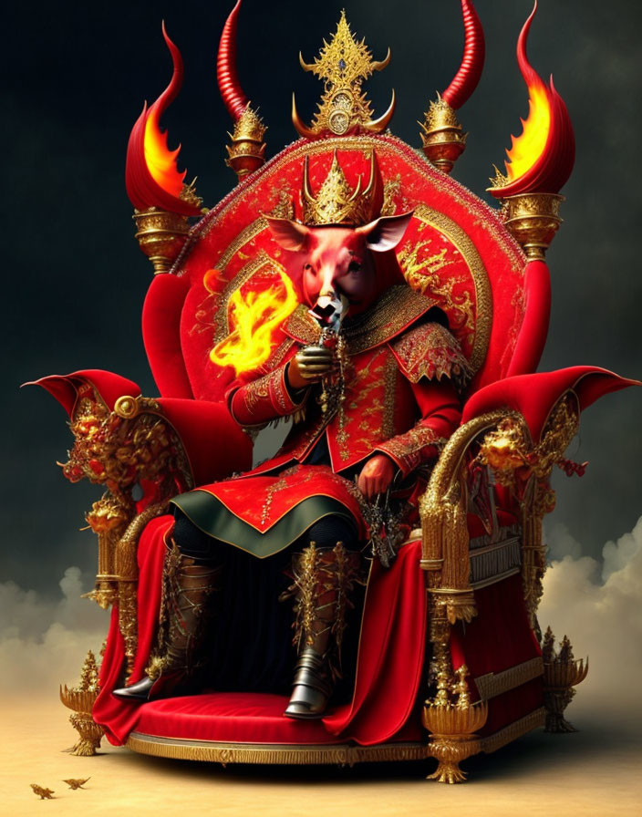 Regal anthropomorphic pig in red and gold attire on fiery throne