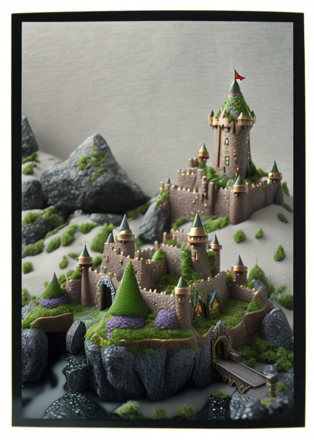 Miniature fantasy castle with towers in rocky terrain and greenery.